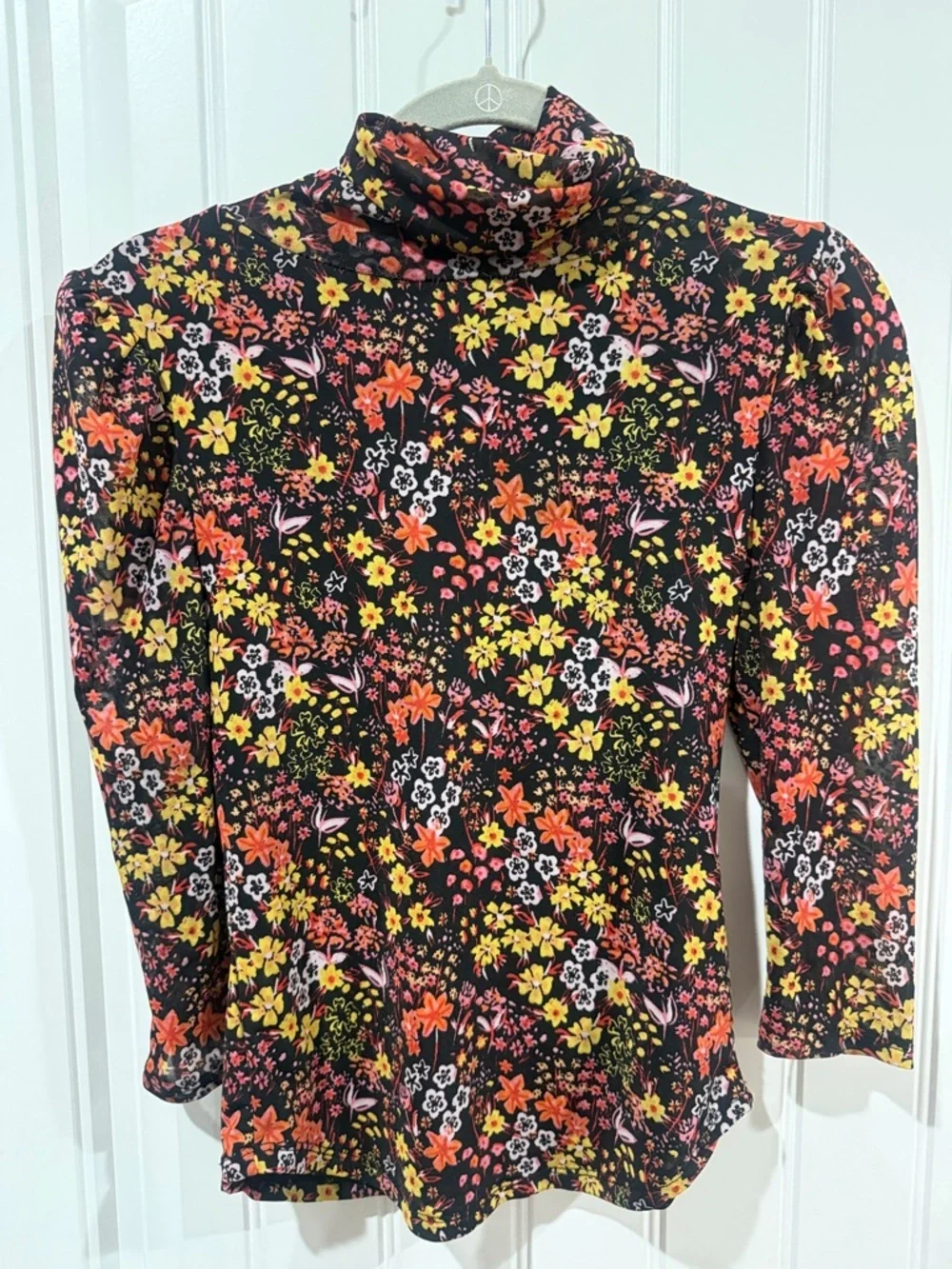 Free People Black Floral Turtleneck Top with Yellow & Orange Flowers